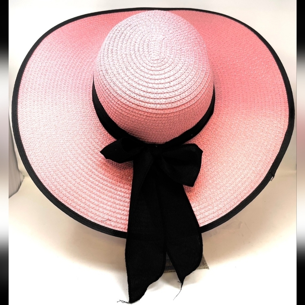 🆕️ 👒 PACKABLE LIGHT PINK WITH BLACK BOW SUN HAT - FLOPPY BEACH HAT👒 - Picture 2 of 3